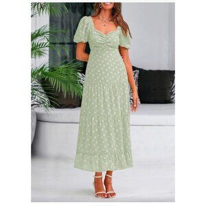 BTBFM Womens Small Summer Boho Floral Green Maxi Dress Ruffle Hem Flowy Casual